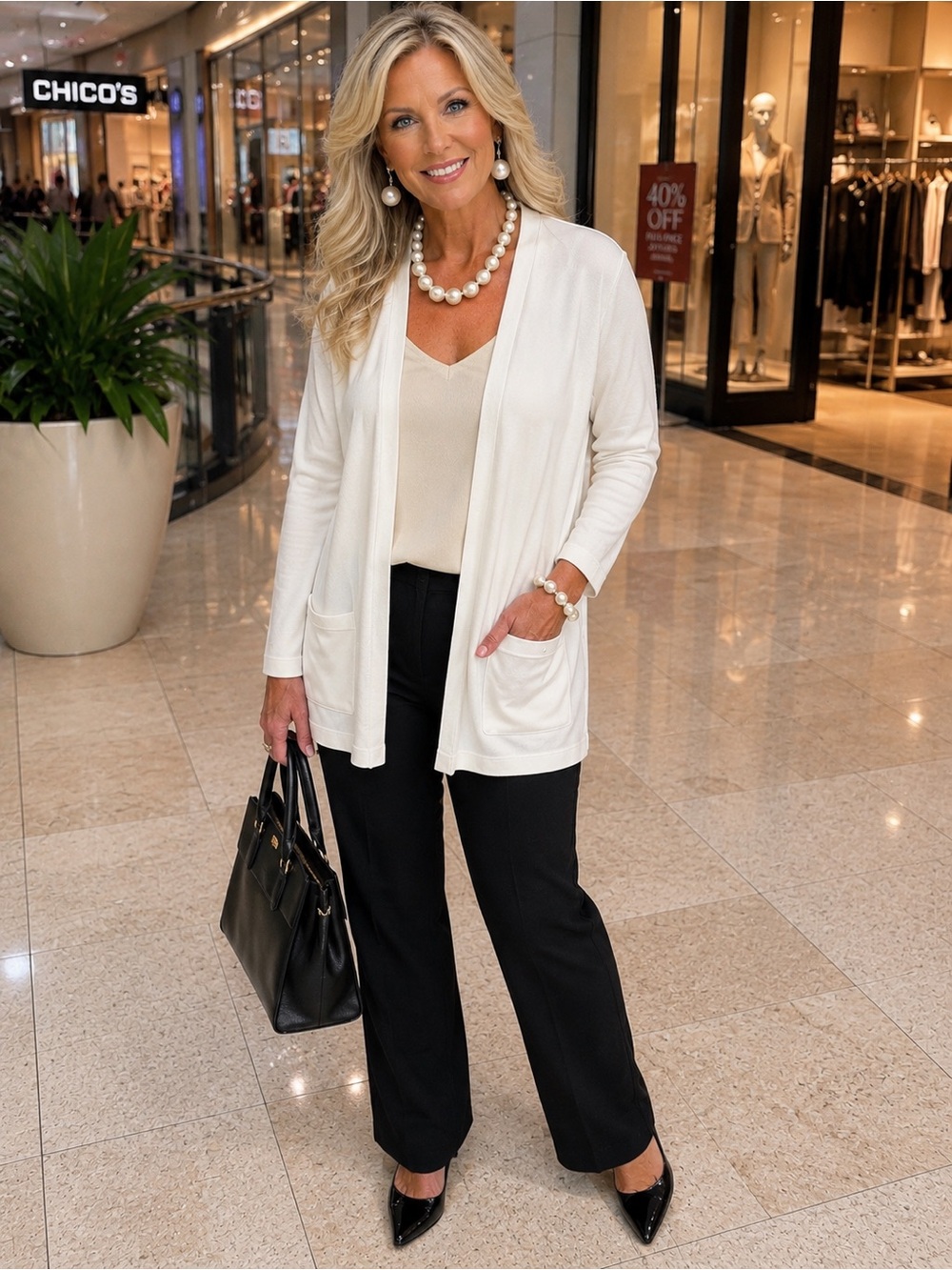 3x Jones New York Ivory Open-Front sweater Cardigan with Pockets